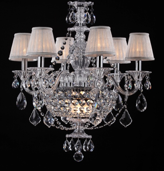 フレンチテイストの布シェードのクリスタルシャンデリア「EU-3314」6灯